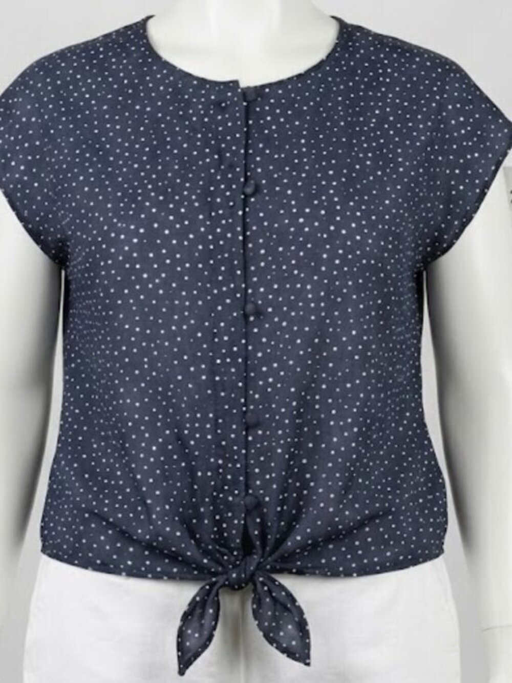 NWOT Hiatus Denim Blue White Polka Dot Tie-Front Short Sleeve Blouse 2X